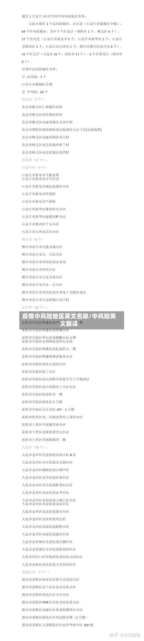 疫情中风险地区英文名称/中风险英文翻译